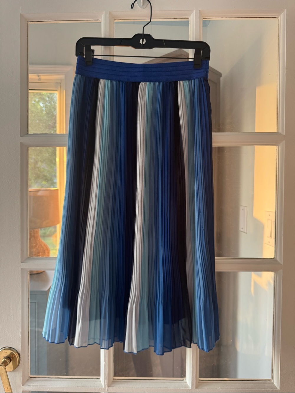 Pleated Blue Multistripe Midi Skirt Size M